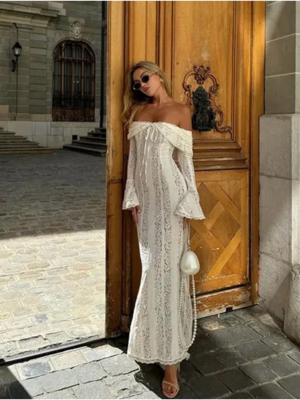 Off-Shoulder White Lace Maxi Dress